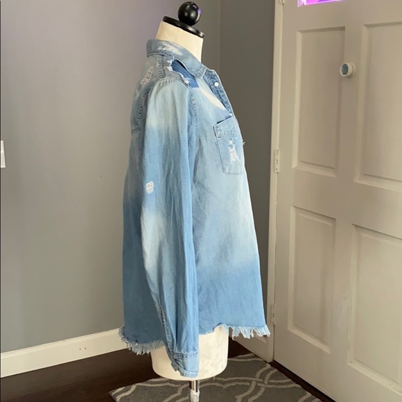 Express Distressed Button Front BF Shirt - Picture 3 of 8